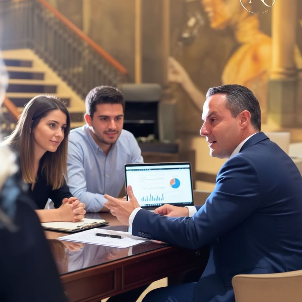 Firefly_Gemini Flash_Esta persona como agente hipotecario conversando con una pareja joven en la misma ofi 944069